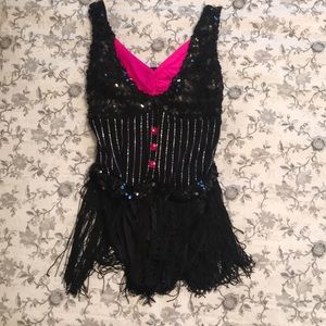 Black Jazz Dance Costume with Fringe Skirt